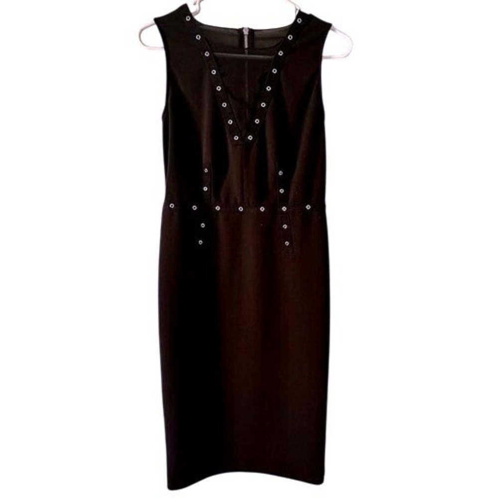 DKNY Womens Black Grommet Eyelet Sheath Dress Mesh V-Neck Midi Sleeveless 6
